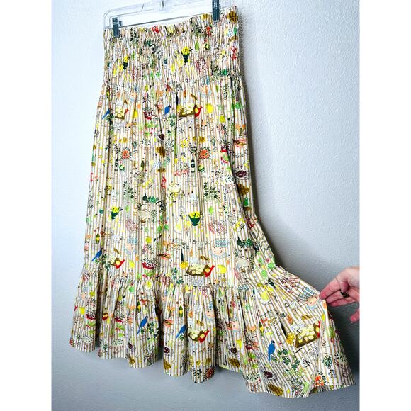 Rhode Artie Shirred Waist Ruffle Hem Printed Cotton Poplin Midi Skirt XL - Picture 5 of 16